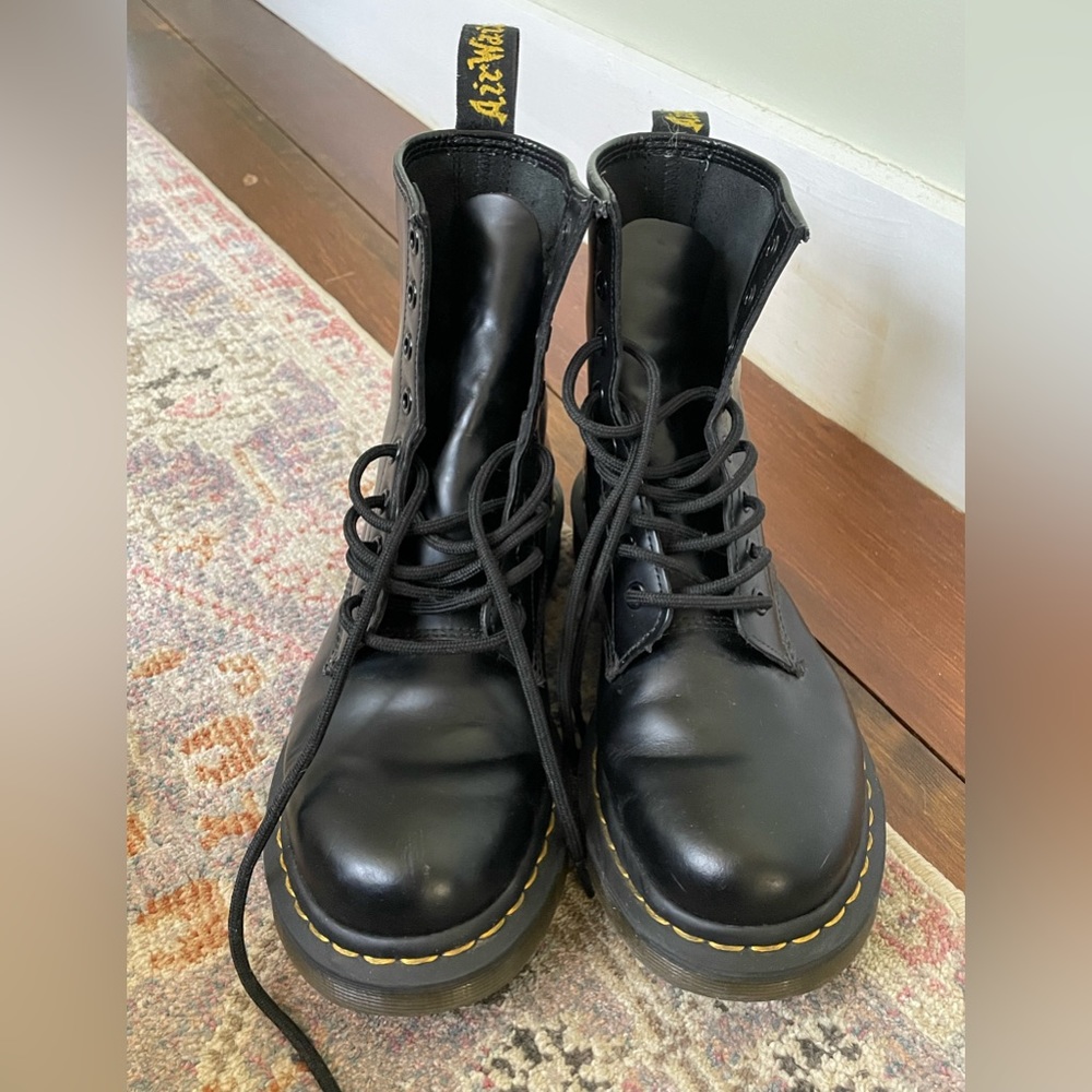Dr. Martens Black Leather Combat Boots with Yellow Stitching - Picture 4 of 15